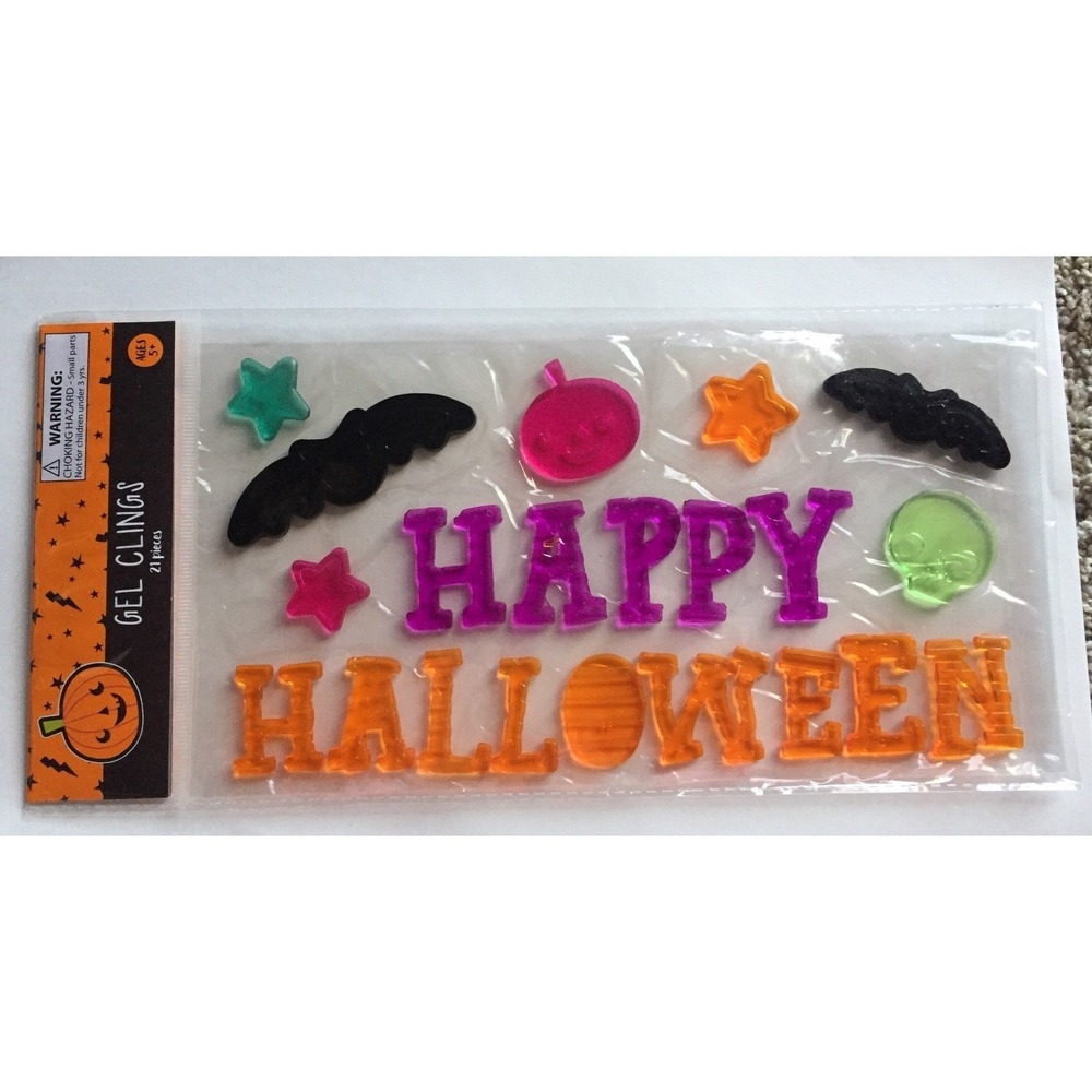 NEW HAPPY HALLOWEEN 21 pc Window Sticker Gel Clings Decorations Skulls Bats Star